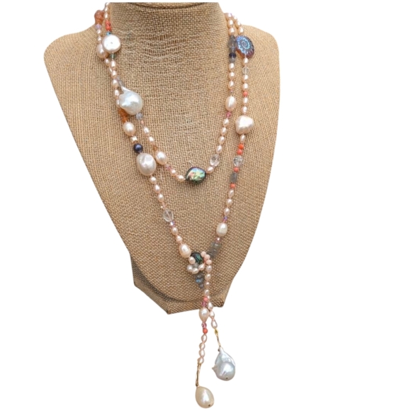 Long Lariat Pearl Stone Czech Glass Necklace GF